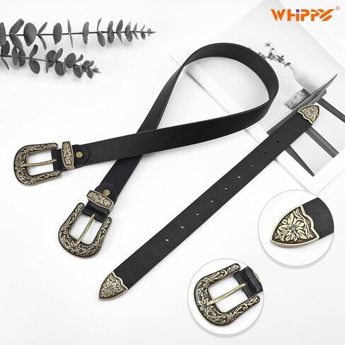 WHIPPY Vintage Western Leather Belt for Women Double Buckle Retro Cowgirl Waist Belts for Jeans Pants and Dresses Black in Kuwait