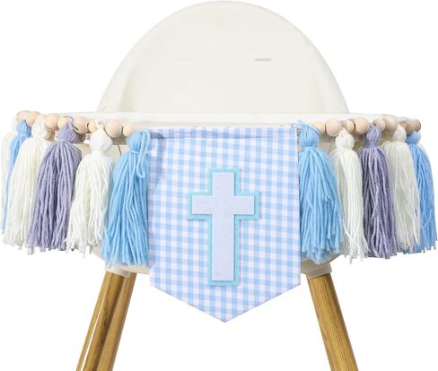 WAWUO Cross Tassel High Chair Banner - Boys First Holy Communion Decorations,Cross Theme Blue Tassel Wood Bead Garland,Christian Baby Baptism Party Decor,Cross Photo Props (blue cross boy) in Saudi Arabia