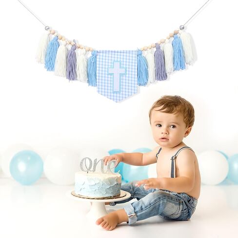 WAWUO Cross Tassel High Chair Banner - Boys First Holy Communion Decorations,Cross Theme Blue Tassel Wood Bead Garland,Christian Baby Baptism Party Decor,Cross Photo Props (blue cross boy) in Saudi Arabia