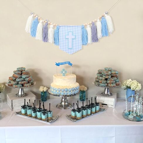 WAWUO Cross Tassel High Chair Banner - Boys First Holy Communion Decorations,Cross Theme Blue Tassel Wood Bead Garland,Christian Baby Baptism Party Decor,Cross Photo Props (blue cross boy) in Saudi Arabia
