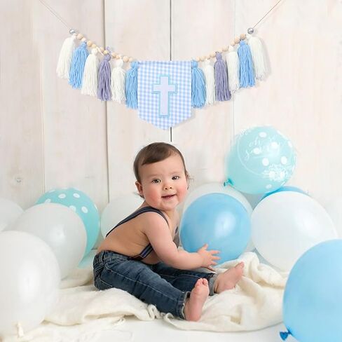 WAWUO Cross Tassel High Chair Banner - Boys First Holy Communion Decorations,Cross Theme Blue Tassel Wood Bead Garland,Christian Baby Baptism Party Decor,Cross Photo Props (blue cross boy) in Saudi Arabia