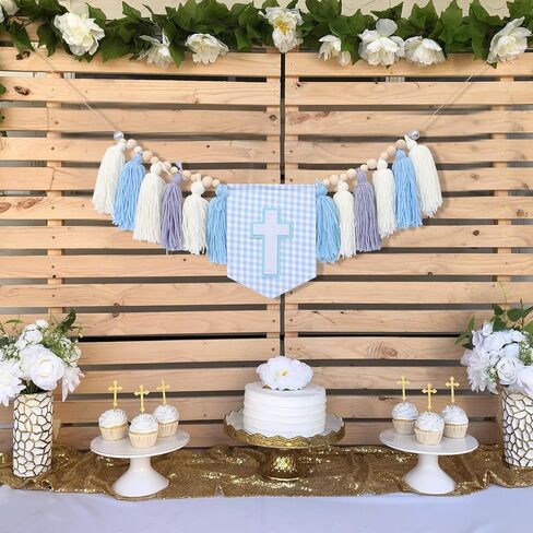 WAWUO Cross Tassel High Chair Banner - Boys First Holy Communion Decorations,Cross Theme Blue Tassel Wood Bead Garland,Christian Baby Baptism Party Decor,Cross Photo Props (blue cross boy) in Saudi Arabia