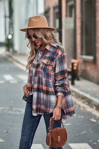 Women's Plaid Shirts Long Sleeves Button Down Peplum Babydoll Jacket Oversized Flannel Shirts Casual Pocket Blouses Tops in Kuwait