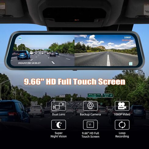 2K Mirror Dash Cam, 9.66 Inch 3 Channel Front Rear Inside View Mirror Camera Triple Mirror Dash Cam Night Vision,G-Sensor,Parking Assistance,APP Control,24H Parking Monitor,Waterproof Backup Camera in Kuwait