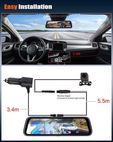 2K Mirror Dash Cam, 9.66 Inch 3 Channel Front Rear Inside View Mirror Camera Triple Mirror Dash Cam Night Vision,G-Sensor,Parking Assistance,APP Control,24H Parking Monitor,Waterproof Backup Camera in Kuwait