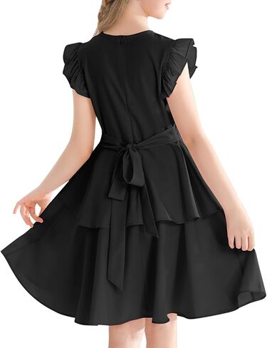 Girls' Dresses Ruffle Sleeve Solid Semi Formal Tiered Swing Midi Casual Summer Dress 6-14 Years in Kuwait