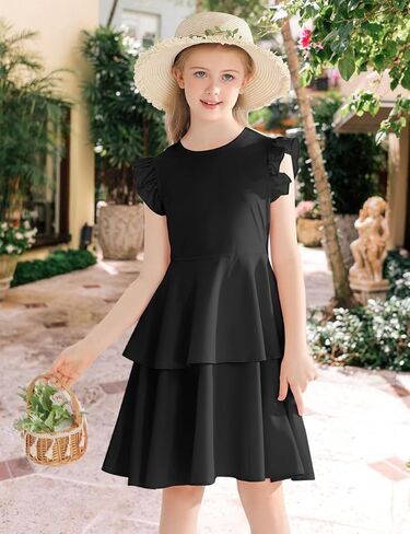 Girls' Dresses Ruffle Sleeve Solid Semi Formal Tiered Swing Midi Casual Summer Dress 6-14 Years in Kuwait