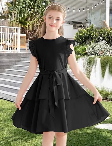 Girls' Dresses Ruffle Sleeve Solid Semi Formal Tiered Swing Midi Casual Summer Dress 6-14 Years in Kuwait
