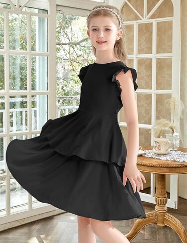 Girls' Dresses Ruffle Sleeve Solid Semi Formal Tiered Swing Midi Casual Summer Dress 6-14 Years in Kuwait