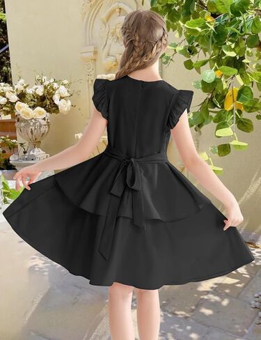 Girls' Dresses Ruffle Sleeve Solid Semi Formal Tiered Swing Midi Casual Summer Dress 6-14 Years in Kuwait