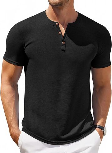 Aoysky Men Short/Long Sleeve T-Shirt Casual Solid Color Button-up Henley Shirt V Neck Tee Tops in Kuwait