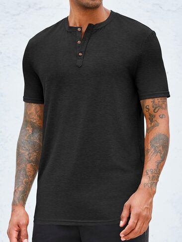 Aoysky Men Short/Long Sleeve T-Shirt Casual Solid Color Button-up Henley Shirt V Neck Tee Tops in Kuwait