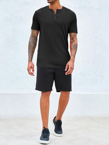 Aoysky Men Short/Long Sleeve T-Shirt Casual Solid Color Button-up Henley Shirt V Neck Tee Tops in Kuwait