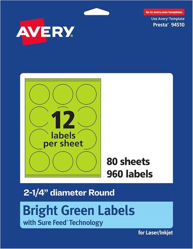 Avery Printable Round Labels with Sure Feed Technology, 2-1/4" Diameter, Bright Green Labels, Print-to-The-Edge, Laser/Inkjet, 120 Total, Great for Stickers and Candle Labels in Saudi Arabia