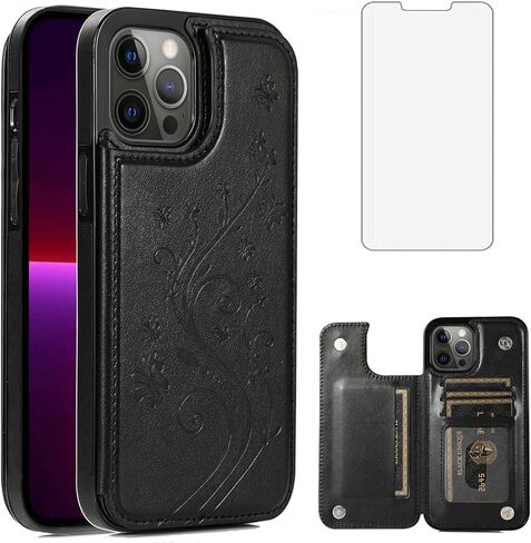 Phone Case for iPhone 13 Pro Max 2021 6.7 inch with Tempered Glass Screen Protector Card Holder Wallet Cover Stand Flip Leather Cell iPhone13promax 5G i Phone13Max Plus iPhone13 ProMax Cases Purple in Kuwait