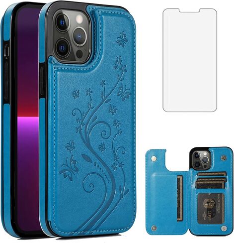 Phone Case for iPhone 13 Pro Max 2021 6.7 inch with Tempered Glass Screen Protector Card Holder Wallet Cover Stand Flip Leather Cell iPhone13promax 5G i Phone13Max Plus iPhone13 ProMax Cases Purple in Kuwait