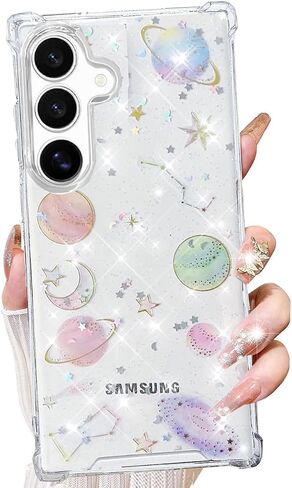 for Samsung Galaxy S25 Ultra Clear Glitter Case, Cute Bling Sparkle Planet Space Stars Moon Universe Pattern Soft TPU Bumper Shockproof Women Girls Protective Case for Galaxy S25 Ultra, Clear in Saudi Arabia