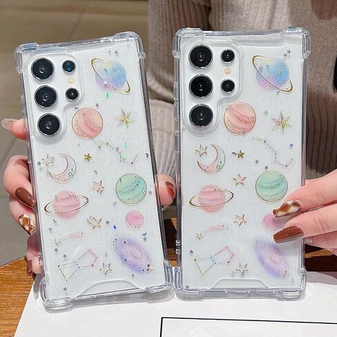 for Samsung Galaxy S25 Ultra Clear Glitter Case, Cute Bling Sparkle Planet Space Stars Moon Universe Pattern Soft TPU Bumper Shockproof Women Girls Protective Case for Galaxy S25 Ultra, Clear in Saudi Arabia