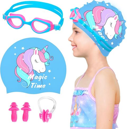 Kids Swim Caps for Girls (Age 2-6), Durable Waterproof Silicone Swimming Cap for Short Hair with Swimming Goggles, Ear Plug and Nose Clip in Saudi Arabia