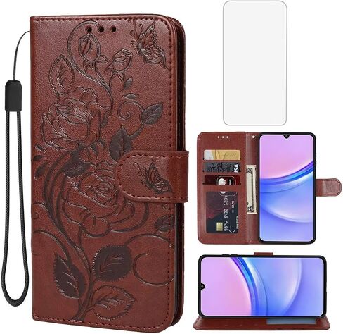 Case for Galaxy A15 5G Case, Samsung A15 5G SM-A156U Wallet Case with Tempered Glass Screen Protector, Flower Leather Flip Credit Card Holder Stand Phone Cover for Samsung Galaxy A15 5G Red in Saudi Arabia