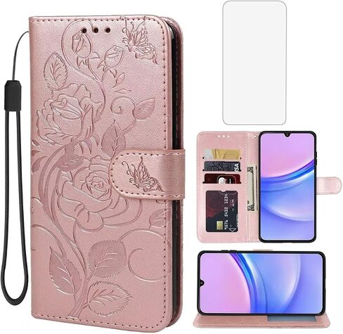 Case for Galaxy A15 5G Case, Samsung A15 5G SM-A156U Wallet Case with Tempered Glass Screen Protector, Flower Leather Flip Credit Card Holder Stand Phone Cover for Samsung Galaxy A15 5G Red in Saudi Arabia