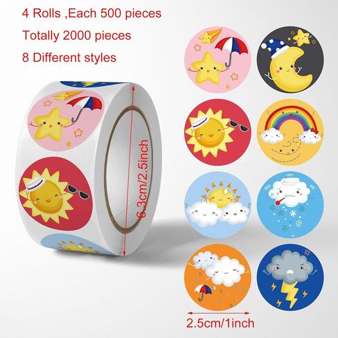 2000Pcs Weather Face Stickers for Kids Reward, 4 Rolls Classroom Incentive Decal for Behavior Chart, School Classroom Student Teacher Supplies（8 Designs， 1 Inch） in Kuwait