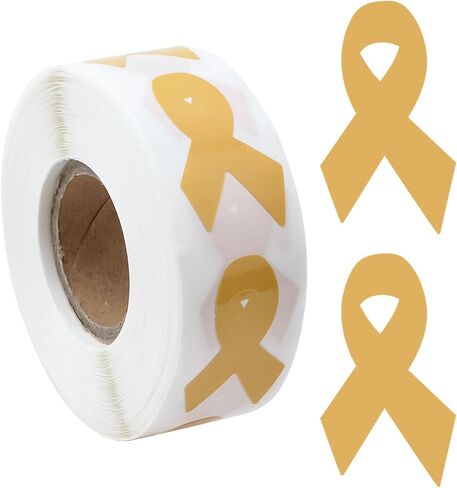 WANDIC 0.75 * 1.28'' Gold Ribbon Awareness Sticker, 500 PCS Ribbon-Shaped Label Roll for Bone, Childhood, and Bladder Cancer Awareness in Kuwait