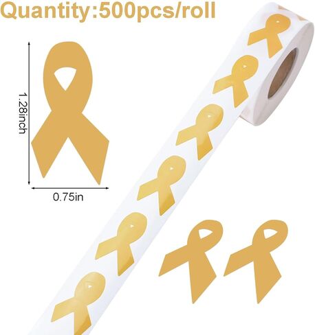 WANDIC 0.75 * 1.28'' Gold Ribbon Awareness Sticker, 500 PCS Ribbon-Shaped Label Roll for Bone, Childhood, and Bladder Cancer Awareness in Kuwait