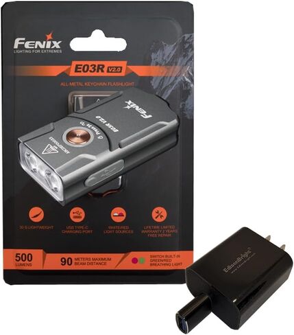 EdisonBright Fenix E03R V2 500 Lumen USB Rechargeable LED Keychain Flashlight, Charging Adapter Bundle (Blue) in Saudi Arabia