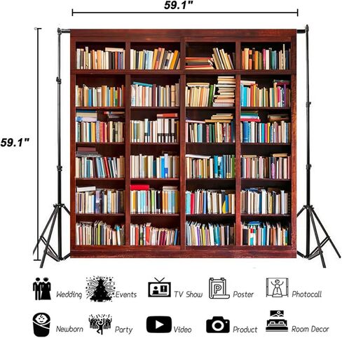 AOFOTO 3x5ft Bookshelf Background Bookcase Photography Backdrop for Video Recording Library Book Store Adult Student Portrait Meeting Video Call Conference Photo Studio Props Vinyl Drape Wallpaper in Kuwait