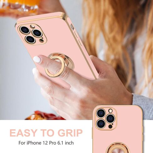 Hython Case for iPhone 12 Pro Case with Ring Stand [360° Rotatable Ring Holder Magnetic Kickstand] Luxury Plating Rose Gold Soft TPU Bumper Shockproof Protective Phone Cases Cover Women Girls, Black in Kuwait
