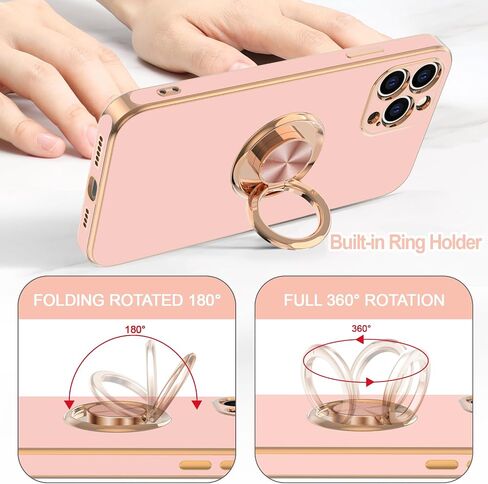 Hython Case for iPhone 12 Pro Case with Ring Stand [360° Rotatable Ring Holder Magnetic Kickstand] Luxury Plating Rose Gold Soft TPU Bumper Shockproof Protective Phone Cases Cover Women Girls, Black in Kuwait