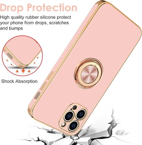 Hython Case for iPhone 12 Pro Case with Ring Stand [360° Rotatable Ring Holder Magnetic Kickstand] Luxury Plating Rose Gold Soft TPU Bumper Shockproof Protective Phone Cases Cover Women Girls, Black in Kuwait