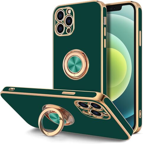 Hython Case for iPhone 12 Pro Case with Ring Stand [360° Rotatable Ring Holder Magnetic Kickstand] Luxury Plating Rose Gold Soft TPU Bumper Shockproof Protective Phone Cases Cover Women Girls, Black in Kuwait