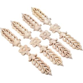 4PCS Unpainted Wood Appliques Onlays for Furniture Decoration, 24.5x3.5cm/9.65"x1.38", Leaf Flower Center Side Decal for Cabinet Bed Wall Ceiling Frame Corner Decoration