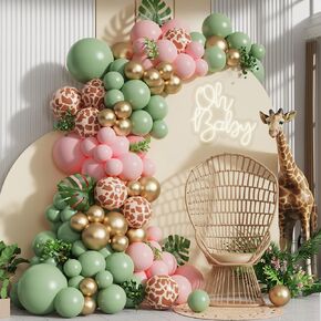 Jungle Safari Balloon Garland Arch Kit 135pcs Sage Green and White Sand Giraffe Print Print Plonons for Woodland Baby Shower Wild One Boys First Party Party Decoration