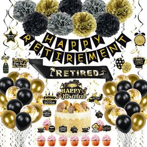 92 PCS Retirement Party Decorations - Happy Retirement Decor with Balloons, Banner, Cake Toppers, Sash, Hanging Swirls, Paper Poms