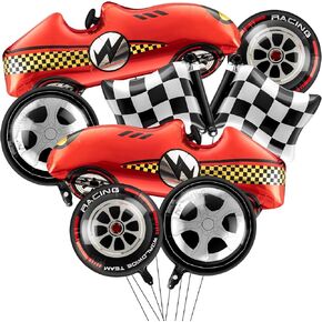Vinsot 8 Pcs Race Car Balloons Including Large 43 Inch Red Racing and Wheel Tire and Checkered Flag Foil Balloons for Baby Shower Two Fast Speedy Car Themed Birthday Party Decorations Supplies