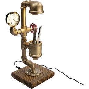 مصباح مكتب Steampunk الصناعي LED "Kangaroo" مع منظم حامل القلم ، قاعدة خشبية مع أنابيب الحديد الطابق العلوي عتيقة الضوء العتيقة ، مصباح مكتب الرجعية