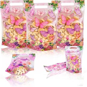 W WINTMING 60PCS Resealable Butterfly Party Favor Bags With Clear Window and Handle - Zip Lock Stand Up Smell Proof Goodie Bags for Sealing Gifts (30)