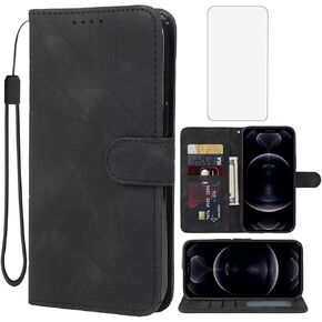 Case for iPhone 12/iPhone 12 Pro Wallet Case with Tempered Glass Screen Protector, Skin Feel PU Leather Flip Folio Credit Card Holder Stand Phone Cover for iPhone 12 Purple