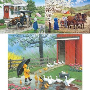 Bits and Pieces - Value Set of (3) 300 Piece Jigsaw Puzzles for Adults - Each Puzzle Measures 18" x 24" - 300 pc That New Car Smell, A Good Day for Ducks, Groundwork Jigsaws by Artist John Sloane