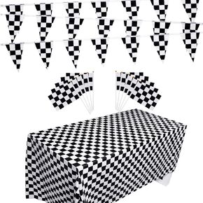 Checkered Flags Set, Race Car Flags Party Supplies Decorations Include 10 Packs Checkered Flags, 32 ft Race Flag Banner, 2 Packs Table Covers for Racing Flag Birthdays Party