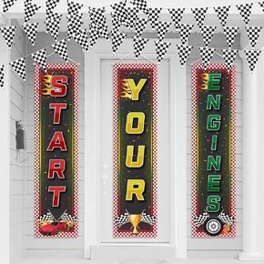 Oudain Racing Car Party Decorations 3 Racing Fans Banners 1 Banner Black and White Checkered Pennant Flag Banner ، Decoring Race Car Party Decor