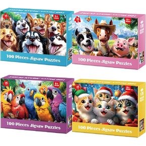 4-Pack Puzzles for Kids Ages 6-8 8-10 Year Old - Cats Dogs Starfish Flower, Large Piece Puzzle for Seniors Adults, 100 Pieces Puzzles for Kids Ages 4-6, Learning Educational Toys for Boys and Girls