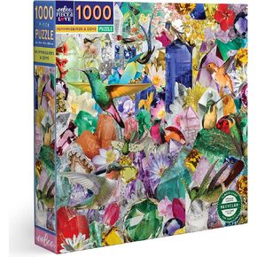 EEBOO: قطعة من الطيور الطنانة والأحجار الكريمة 1000 قطعة مربعة مربعة للبالغين ، 23 "× 23" عند الانتهاء ، قطع ألغاز قوية ، للأعمار 14 وما فوق