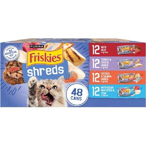 Purina Friskies Wet Cat Food Variety Pack, Shreds With Beef, Turkey and Cheese Dinner, Chicken and Salmon Dinner, and With Ocean Whitefish and Tuna - (Pack of 40) 5.5 oz. Cans