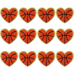 12 PCS Basketball Heart Patches Gold Edges Basketball Iron On Patch Chenille Sports Applique for Bags Hat Clothing Repair