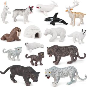15PCS Mini Arctic Animals Toys Set Polar Animal Snow Leopard Figure Black Panther Figurine Kids Diorama Birthday Gift