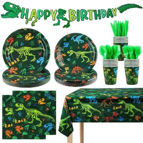 142pcs Dinosaur Birthday Party Decorations For Boys, Dinosaur Themes Party Tableware Set Serve 20,Birthday Party Supplies With Disposable Plates, Napkins, Cups, Cutlery Set, Banner, Tablecloth